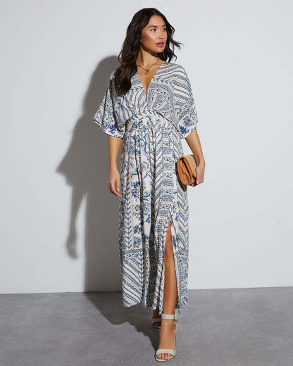 loveedsTM-Spring and summer printed long short-sleeved printed V-neck dress