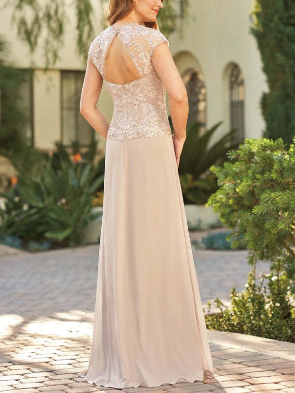 V-neck Lace Chiffon Solid Color Maxi Dress