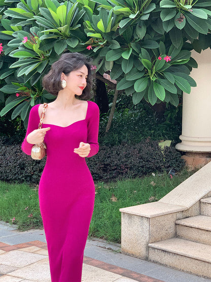 loveedsTM- Elegant Vintage Knitted Dress Women Autumn Korean Style Evening Party Midi Dress Ladies Bodycon Casual Sexy Designer Dress