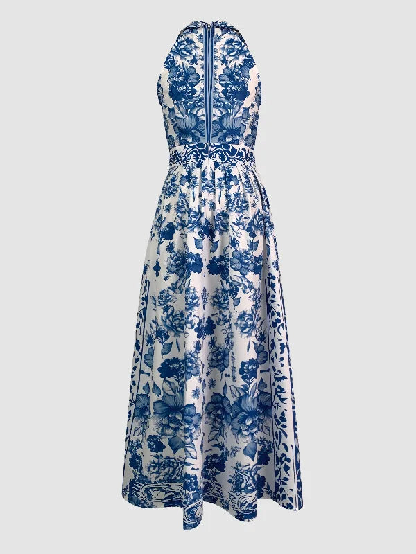 A-Line Loose Flower Print Split-Joint Lapel Maxi Dress