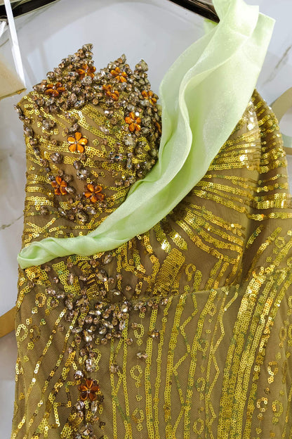 loveedsTM-Green sequined waist one shoulder dress-vx