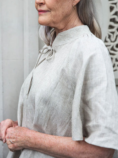 Lace-up Cotton and Linen Stripes Short Sleeves