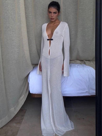 loveedsTM-Summer Beach Holiday Knitted Maxi Dress Outfits for Women Party Club Long Sleeve See Through Dresses Hollow Out