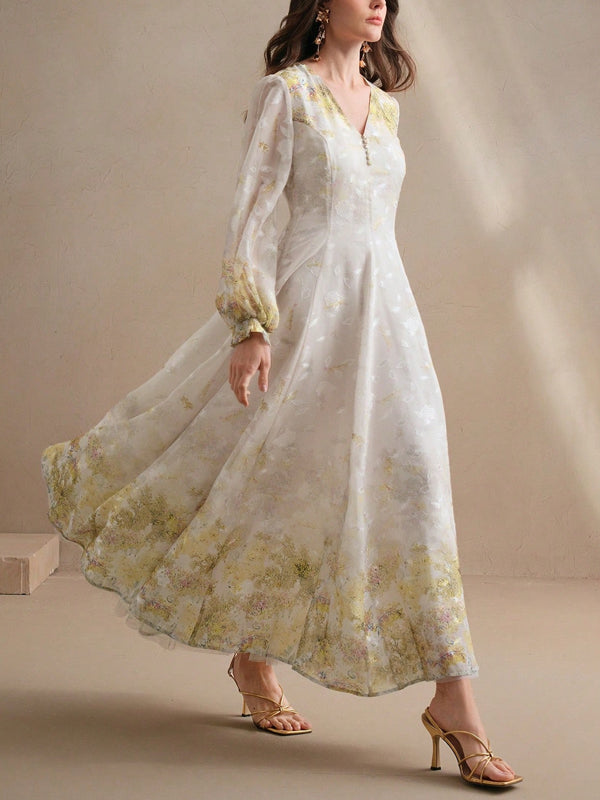 Women's V Neck Elegant Floral Print Long Sleeve Dress
