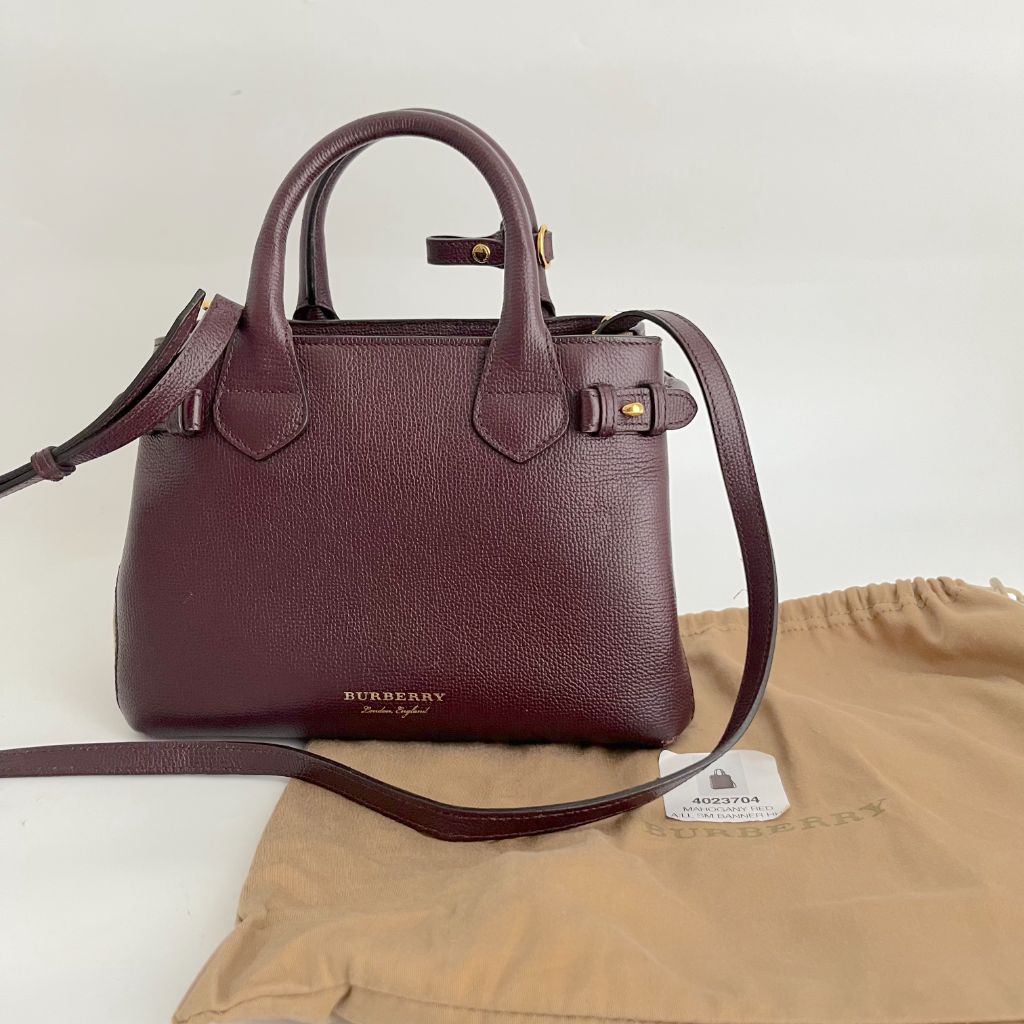 Burberry Burgundy/Beige Leather and House Check Fabric small banner tote