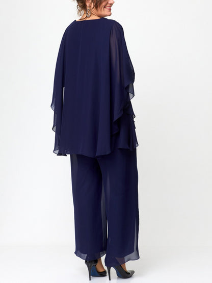 Round Neck Solid Color Chiffon Top And Trousers Suit