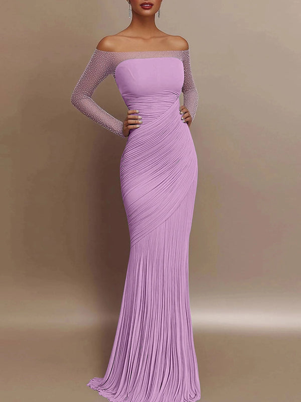 Evening Prom Gown Off Shoulder Glitter Pleated Light Blue Maxi Dress