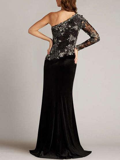 Embroidered Tulle One-sleeve Gown