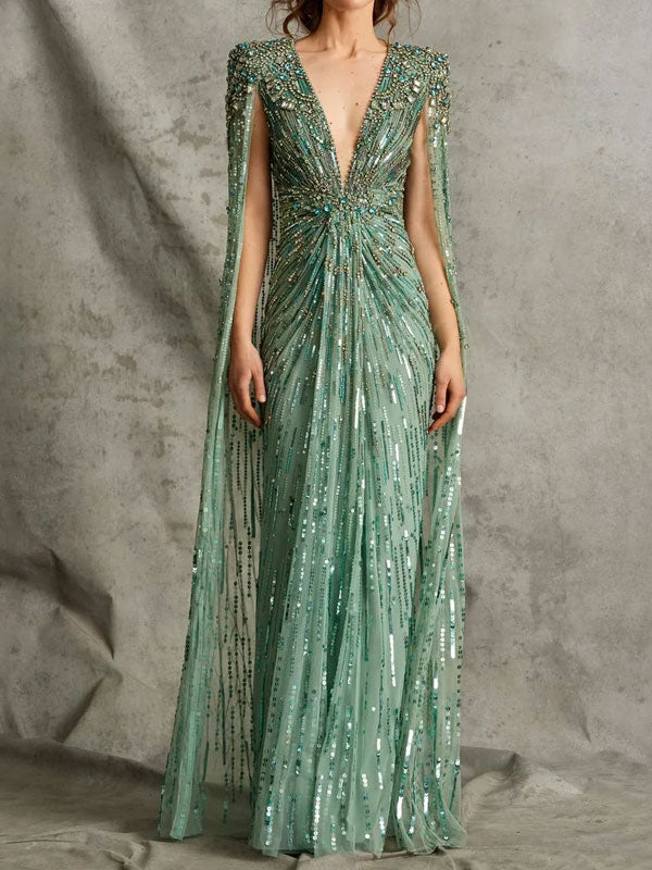 Deep V Beading Cape Sleeve Dress