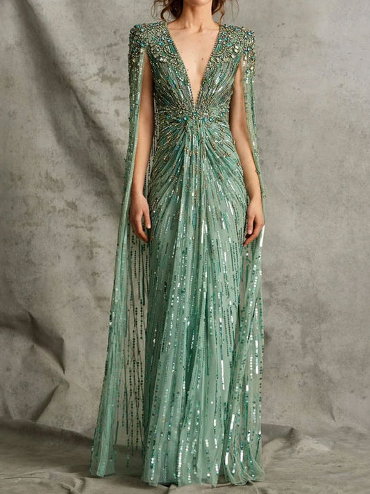 Deep V Beading Cape Sleeve Dress