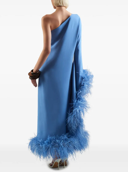 Off-shoulder Solid Color Feathers Maxi Dress