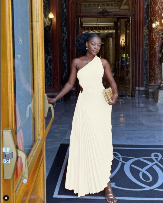 loveedsTM-Lady Roll Waist Sleeveless Pleated Ruched A-line Dress Women One Shoulder Sexy Prom Evening Dresses New Fahion Chothing