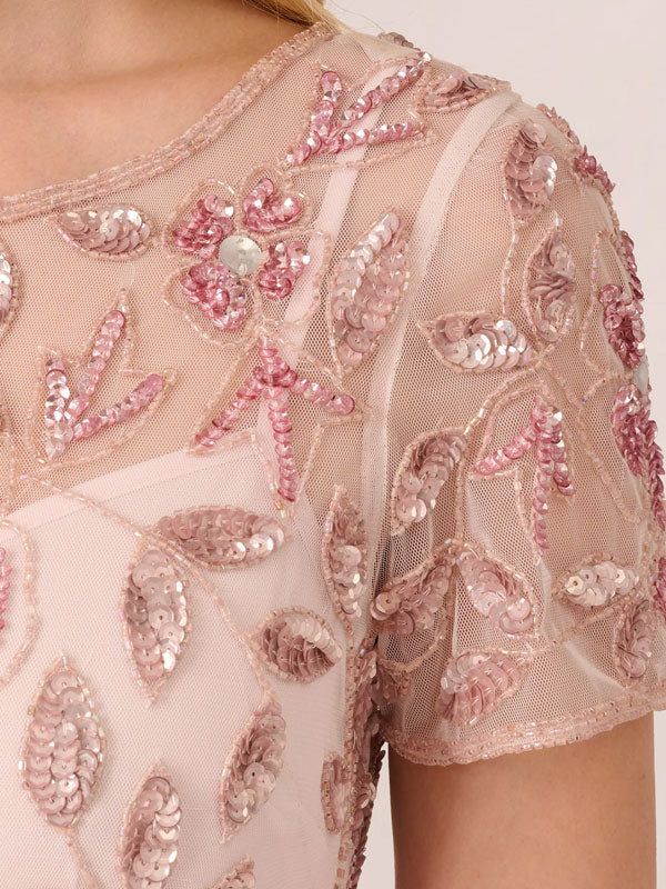 Handmade Beaded Short Sleeve Floral Guided Silk Gowns