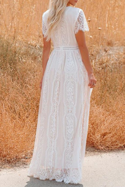 loveedsTM-Fashion Elegant Solid Lace Split Joint V Neck A Line Dresses