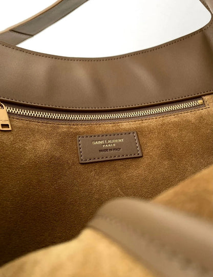 SAINT LAURENT LE5A7 Metal brand logo suede shoulder tote for women in caramel