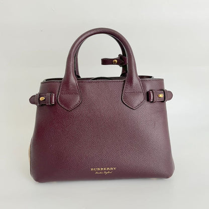 Burberry Burgundy/Beige Leather and House Check Fabric small banner tote