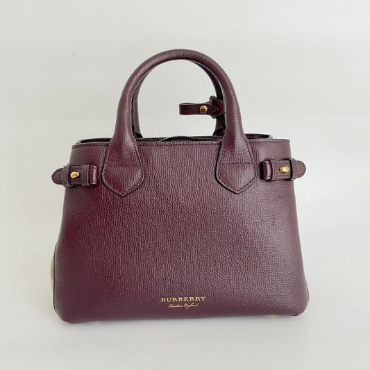 Burberry Burgundy/Beige Leather and House Check Fabric small banner tote
