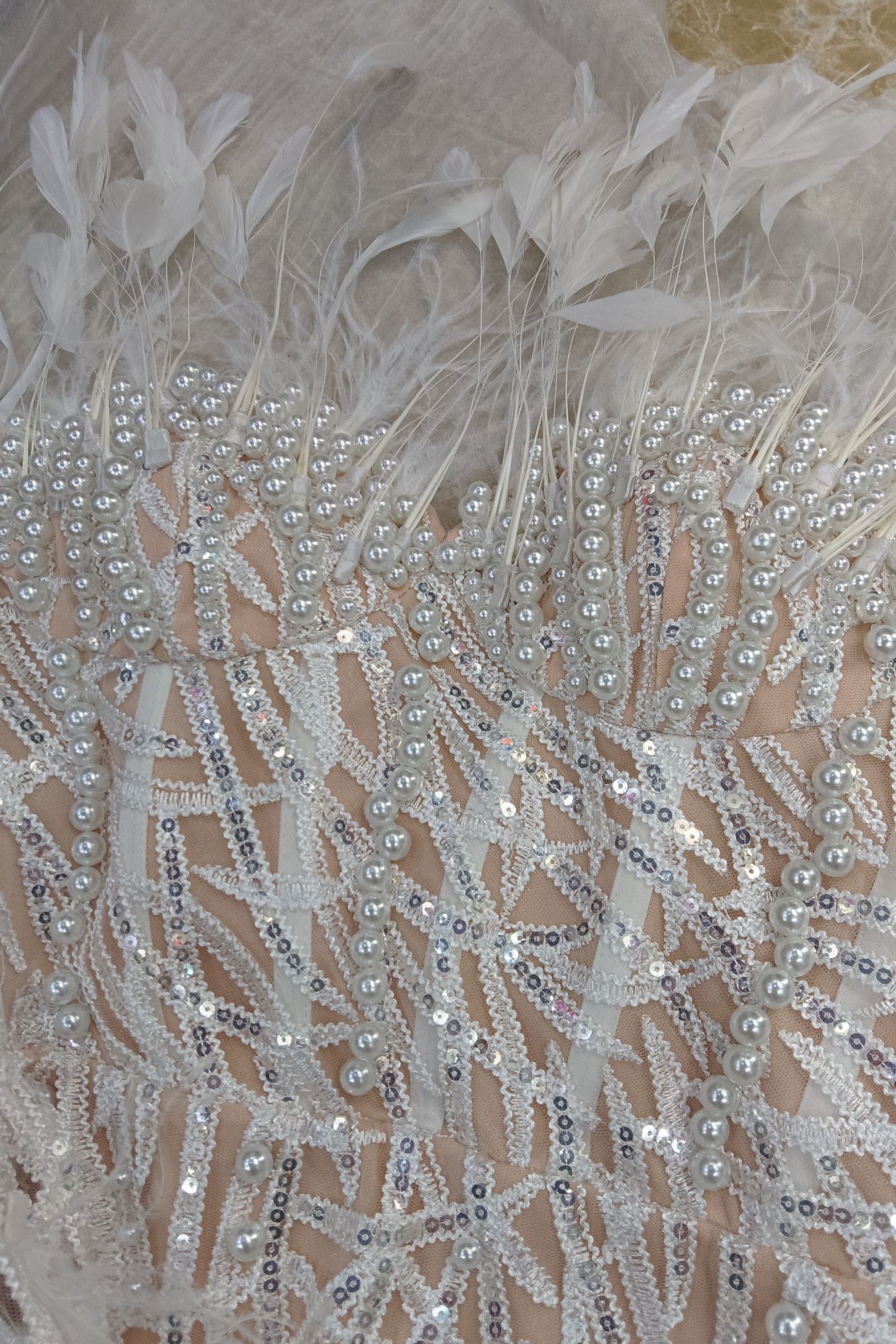 loveedsTM-White Super Heavy Ostrich Feather Dress-vx