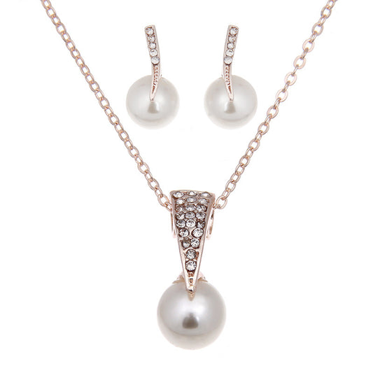 Rhinestone Pearl Earrings Necklace Set