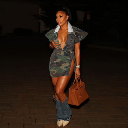 loveedsTM- Denim Unique Button Design High Split Mini Dress