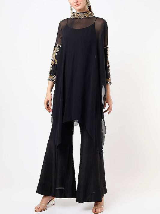 Crew Neck Lace Beaded Mesh Top Trousers Set