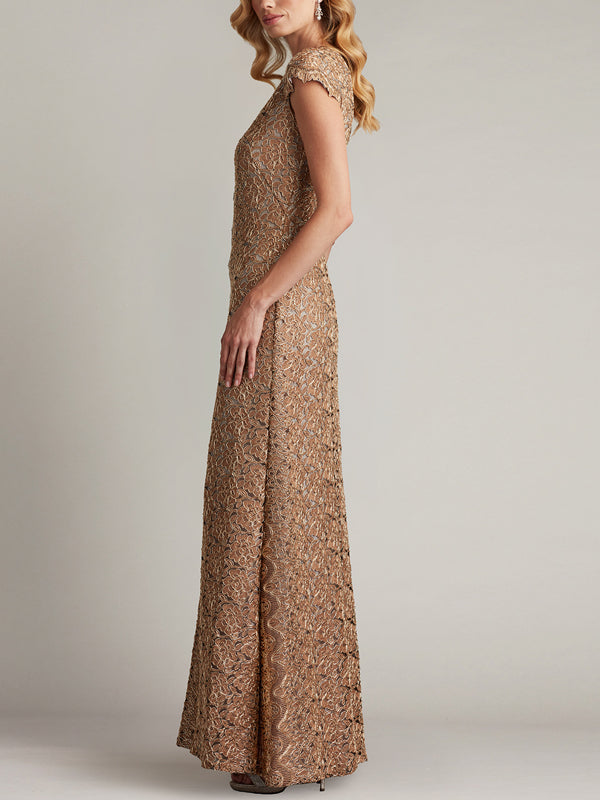 Round Neck Short Sleeve Lace Solid Color Maxi Dress