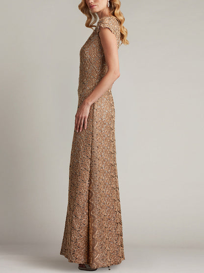 Round Neck Short Sleeve Lace Solid Color Maxi Dress