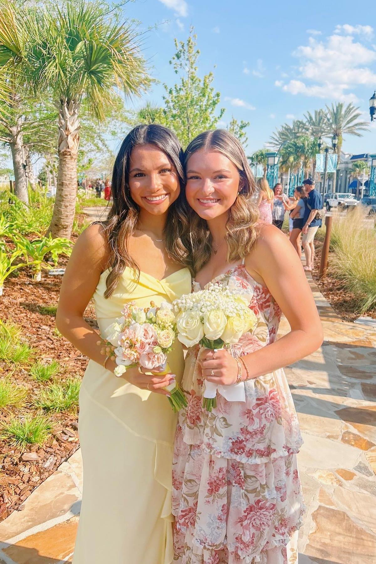 Straps Yellow Chiffon Ruffled Formal Party Dress with Slit