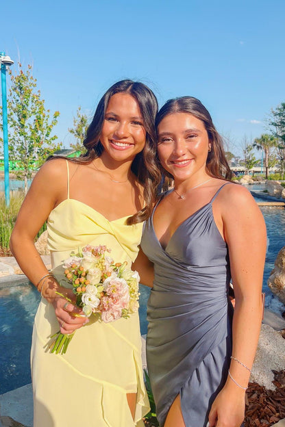 Straps Yellow Chiffon Ruffled Formal Party Dress with Slit