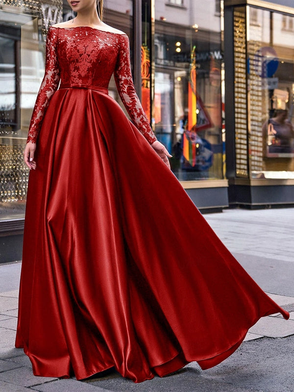 Off-the-shoulder Lace Solid Color Maxi Dress