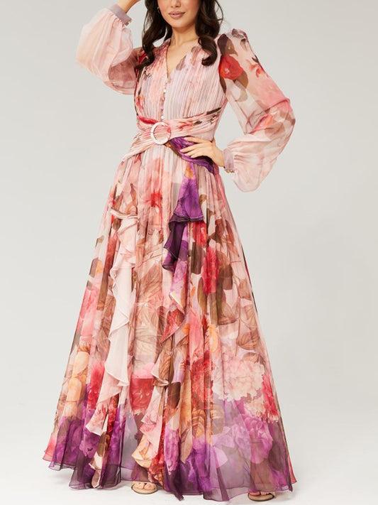 V-neck Colorful Printed Chiffon Maxi Dress