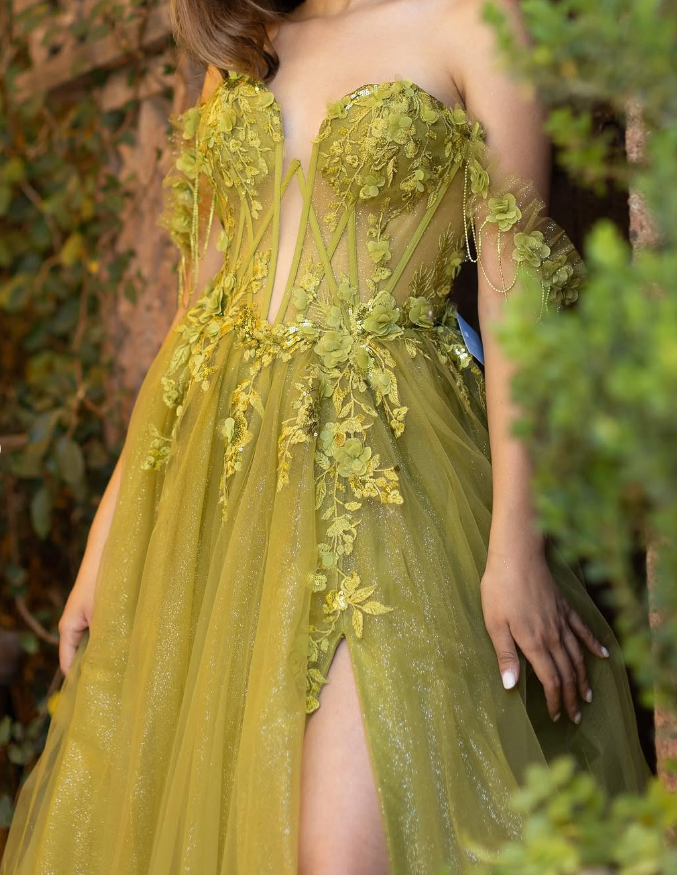 Fairy A Line Off the Shoulder Corset Appliques Green Tulle Prom Dress Evening Dress SH2180