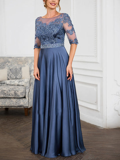 Round Neck Lace Solid Color Maxi Dress