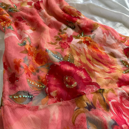 Orange Elegant Floral Long Chiffon Ball Gown Evening Dress Party Dress Prom Dress gh4236