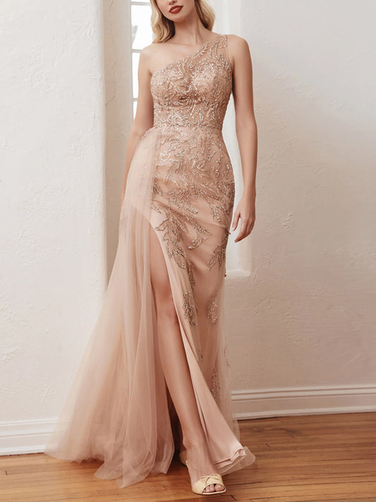 Off-Shoulder Lace Mesh Maxi Dress