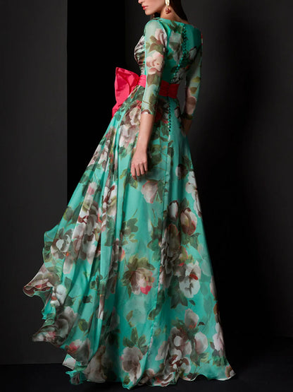 Three-quarter Sleeve Printed Chiffon Dress