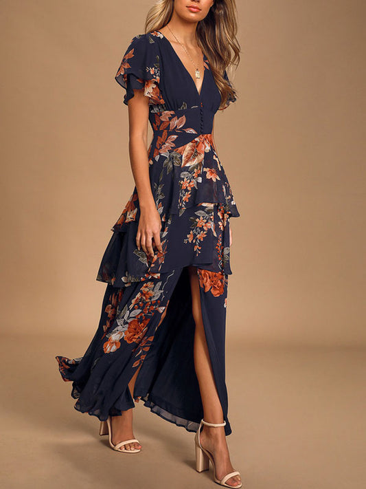 Navy Blue Floral Print Tiered Maxi Dress