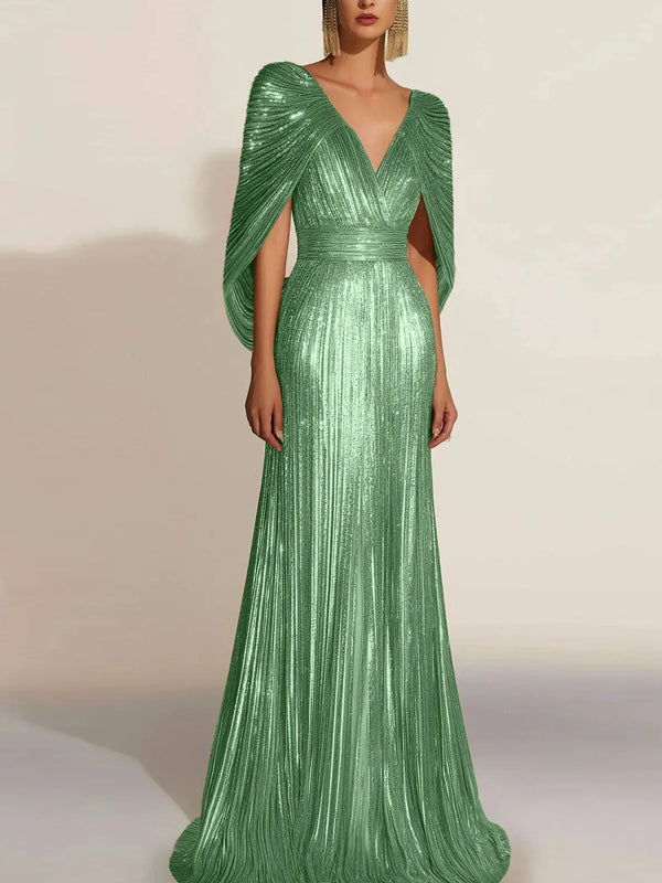 Formal Evening Fringe Dress Gold Cape V-neck Floor-length Gown