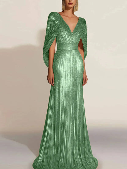 Formal Evening Fringe Dress Gold Cape V-neck Floor-length Gown