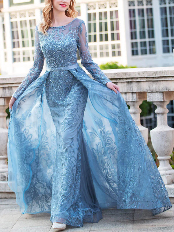 Round Neck Lace Long Sleeves Maxi Dress