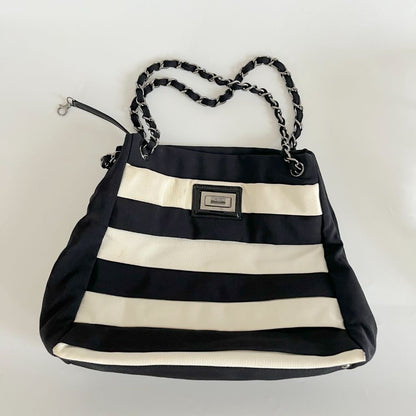 Chanel black and white ridged satin shoulder bag