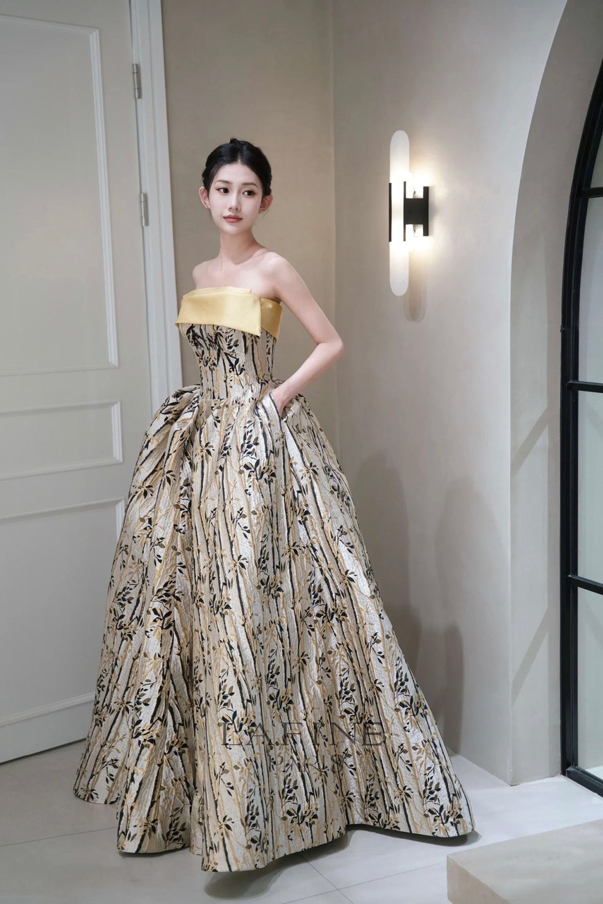 Beautiful Bamboo Leaf Print Pattern Strapless Prom Dress, A-Line Backless Evening Party Dress