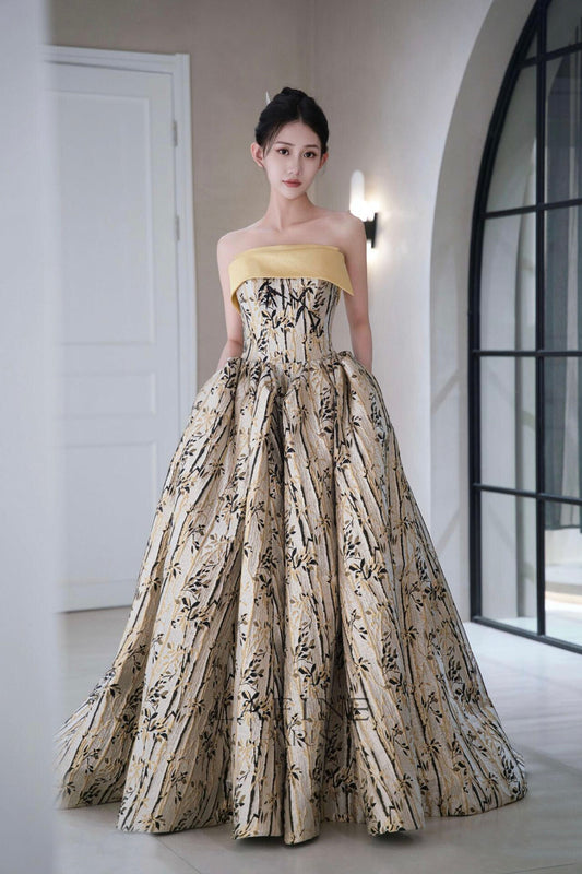 Beautiful Bamboo Leaf Print Pattern Strapless Prom Dress, A-Line Backless Evening Party Dress