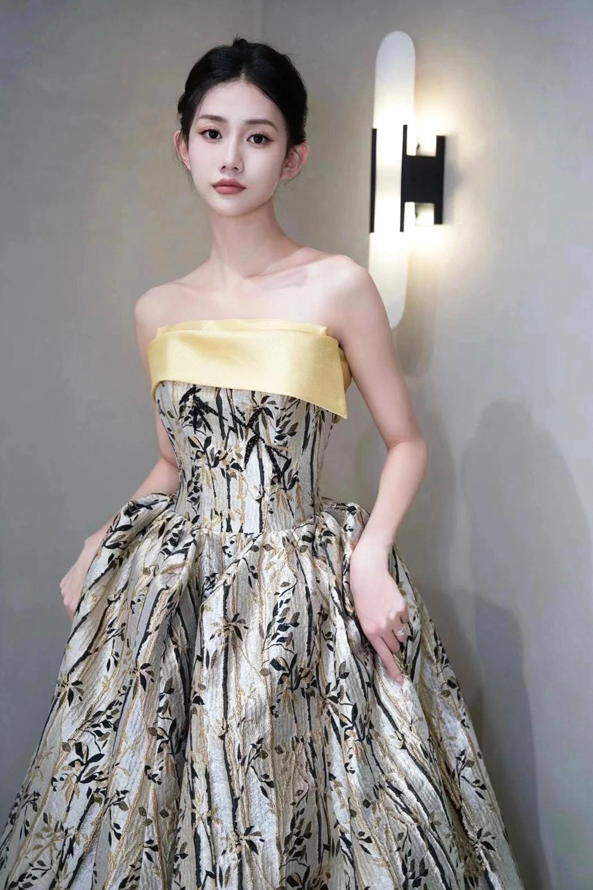 Beautiful Bamboo Leaf Print Pattern Strapless Prom Dress, A-Line Backless Evening Party Dress