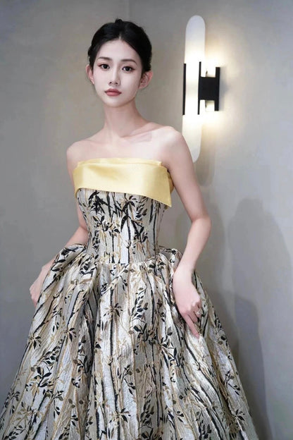 Beautiful Bamboo Leaf Print Pattern Strapless Prom Dress, A-Line Backless Evening Party Dress