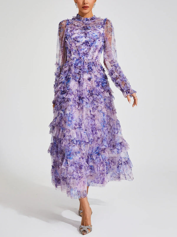 Round Neck Long Sleeves Printed Midi Dress