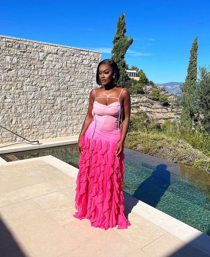 Pink/Orange/Green Gradient Spaghetti Straps Fashion Elegant Long Ruffle Chiffon Ball Gown Evening Dress Party Dress gh3252