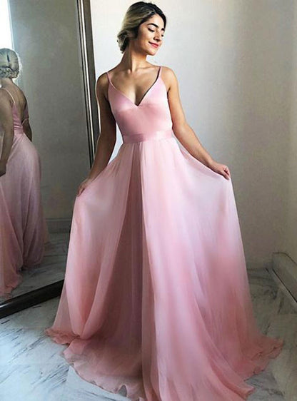 Simple pink chiffon long prom dress,sexy back open formal dresses