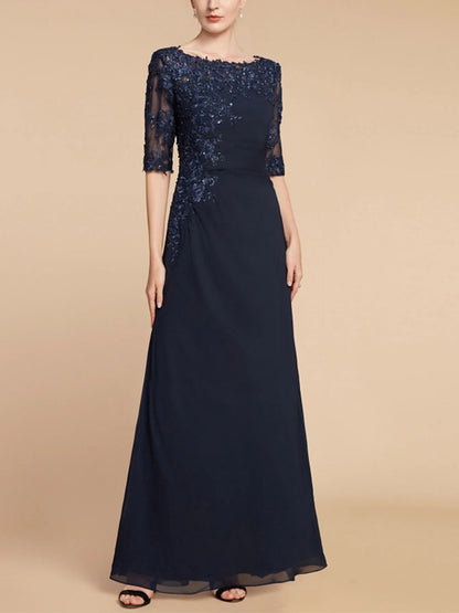 Round Neck Lace Solid Sequins Maxi Dress