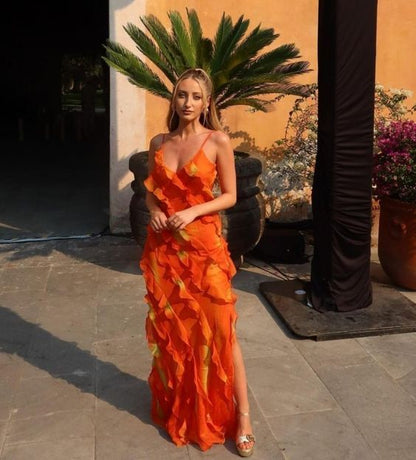 Orange Spaghetti Strap Sexy Ruffle Hem Mermaid Long Party Dress Wedding Guest Dress Ball Gown Irregular Bodycon Evening Dress gh3036